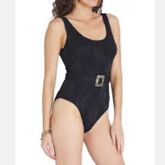 New Aqua Blu  Black Textured One-Piece Swimsuit with Decorative Buckle size 12 - Picture 3 of 12
